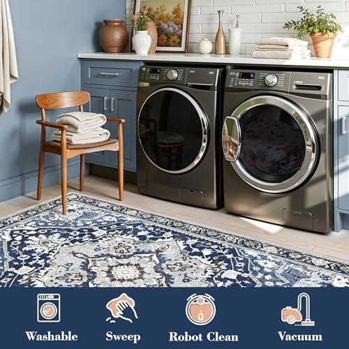 5x7 Blue Boho Area Rug Washable Non-Slip - Low Pile Farmhouse Living Room Bedroom Rug - Machine Washable Medium Indoor Carpet with TPE Backing, Vintage Easy Clean, Navy Blue Multi