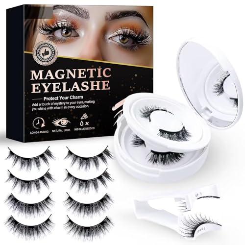 No Glue Magnetic Lashes – 4 Pairs Reusable False Eyelash Kit with Applicator, Ultra-Lightweight & Natural 3D Volume, Easy to Apply