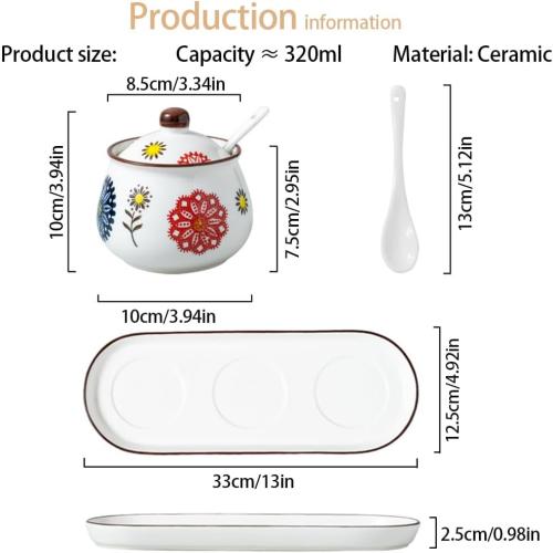 Set of 2 and Ceramic Condiment Jars with Lid Spoon and Tray, Modern Elegant Spice Container Sugar Bowl Seasoning Jars for Home and Kitchen Counter (Red)
