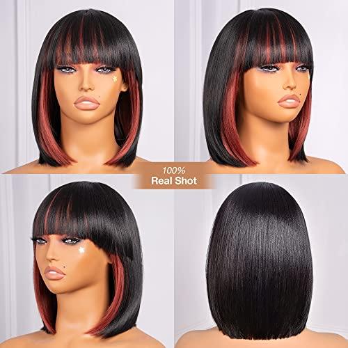 ToyoTress Short Bob Wigs With Bangs - 12 Inch Black Mix Orange Yaki Straight Hair Daily Costume Wig For Black Women, Soft Light Synthetic Hair Replacement Wigs Heat Resistant (12 Inch, SH350-612H)