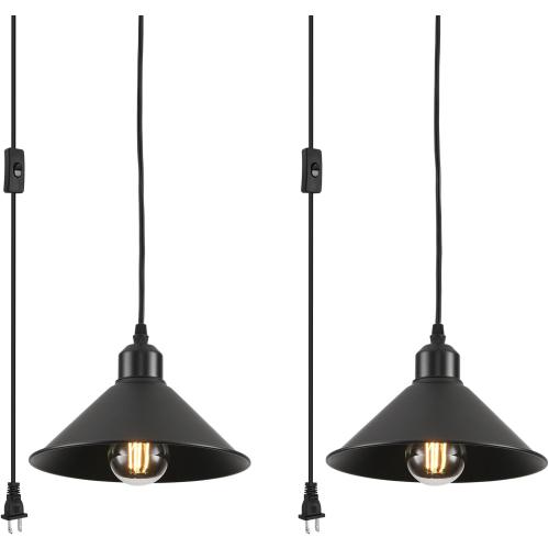 Black Plug in Pendant Light, 2 Pack Industrial Hanging Lamp Black Vintage Pendant Lighting Fixtures with 15ft Cord On/Off Switch for Kitchen Island Dinning Hall Bedroom