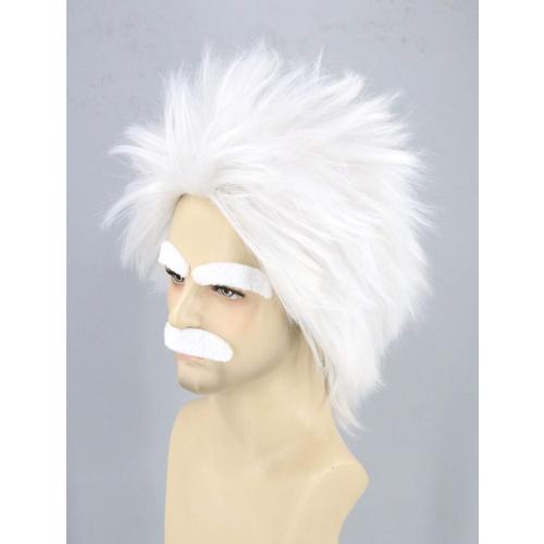 Topcosplay Mad Scientist Wig and Moustache Eyebrows Short White Halloween Costume Cosplay Wigs