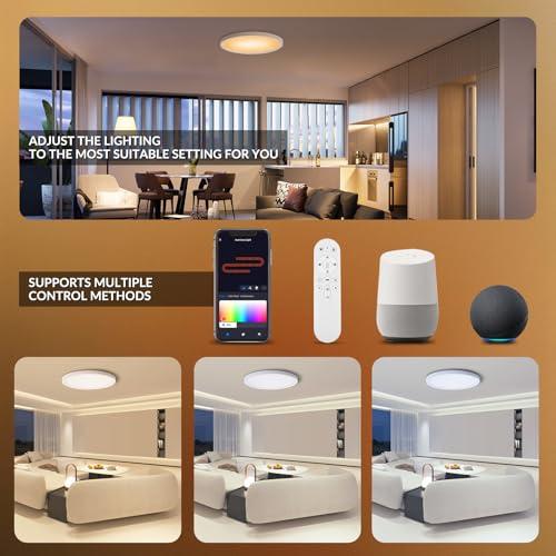 2 Pack  Size 15.8 Smart RGB LED Ceiling Light with Remote, WiFi Flush Mount Ceiling Light Works with Alexa & Google Home, 32W=3200LM Dimmable, DIY Colors & 2700K-6500K, for Bedroom Living Room