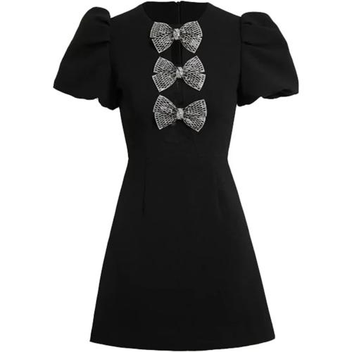 Size M Women's Crystal Bow Embellished Black Dress Mini Short A-Line Party Evening Gown Puff Sleeve Summer Dress