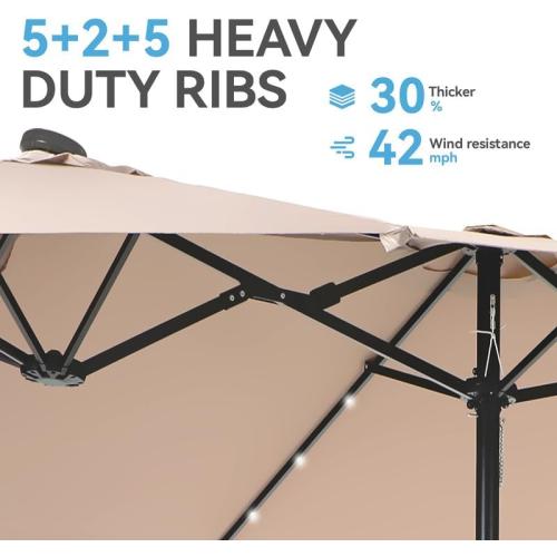 GREEN PARTY 15 ft Rectangle Patio Umbrella with Solar Lights and Base Included, Double-Sided Market Table Umbrella with Crank, Large Outdoor Umbrellas for Patio Poolside Garden Backyard, Beige