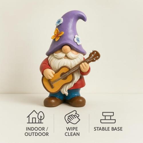 Musical Gnome Figurine with Guitar – Handcrafted Resin Garden or Shelf Decoration, 6.2 Tall Whimsical Gnome Statue with Purple Hat, Flowers & Butterfly, Gift for Music Lovers (Purple)