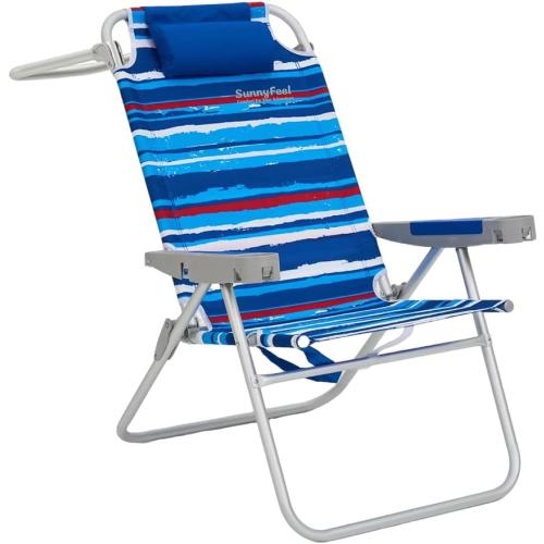 SUNNYFEEL Folding Beach Chair for Adults, High Back 5-Position Reclining | 180° Lay Flat Oversized Portable Sand Chair with Cup Holder and Towel Bar Heavy Duty for Beach/Lawn/Outdoor/Camping/Sports