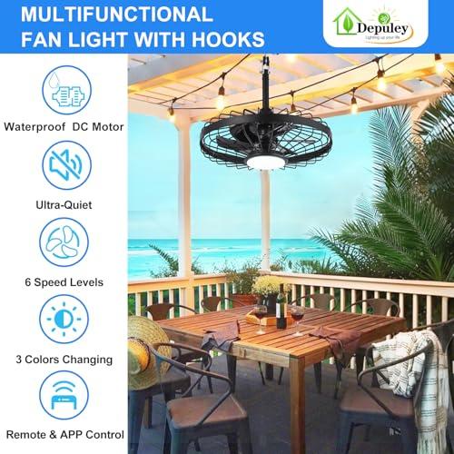 Depuley Outdoor Ceiling Fan with Light: 20 Inch Waterproof Gazebo Fans with Lights Outdoor Hanging - Plug in Remote App Control Caged Fans for Patios Pergola Porch Canopy - 6 Speed Black