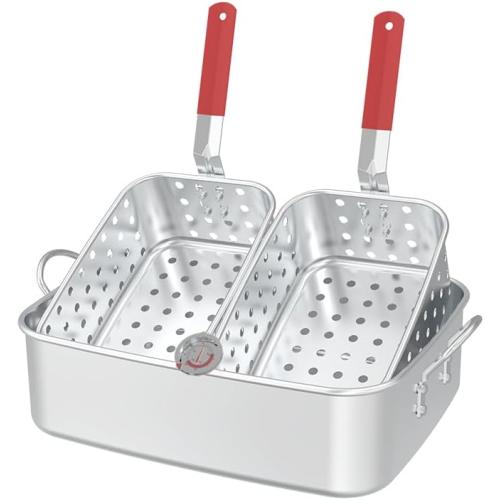 FireRiot 18QT Aluminum Deep Fryer Pot with Baskets & Heat-Resistant Silicone Handles - Lightweight & Durable Fish Fryers Outdoor Cooking - Rectangular Fish Fryer Basket for Outdoor Fryer