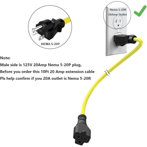 10-Ft Nema 5-20P Extension Cord 12AWG 125V 20 Amp Nema 5-20 Extension Cable
