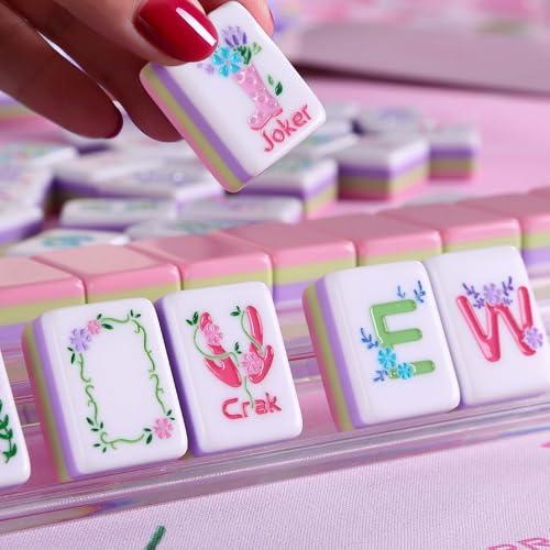 American Mahjong Tiles, Mahjong Travel Set, 160 Pink 4 Layer Mah Jong Game Tiles with Tile Bag, Gift-Ready Storage Box, 4 Dice with Pouch, Western Mah Jongg, Majong