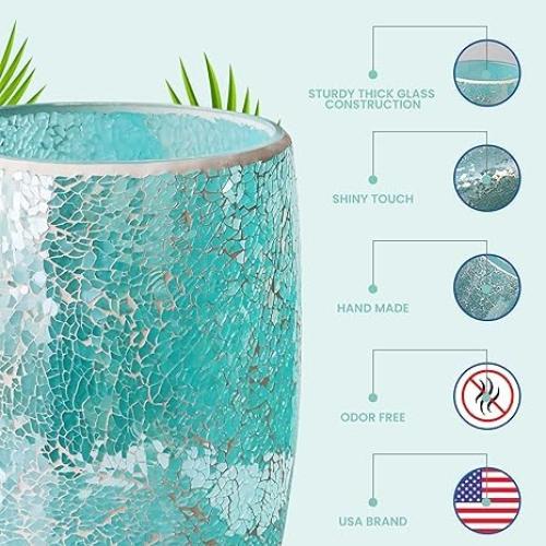 Modern Bathroom Trash Can Mosaic Glass 5L | 7 x 10 | Decorative Small Garbage Can | Luxury Waste Basket for Restroom, Office, Bedroom & Kitchen | Shiny Turquoise Green Bathroom Accessories