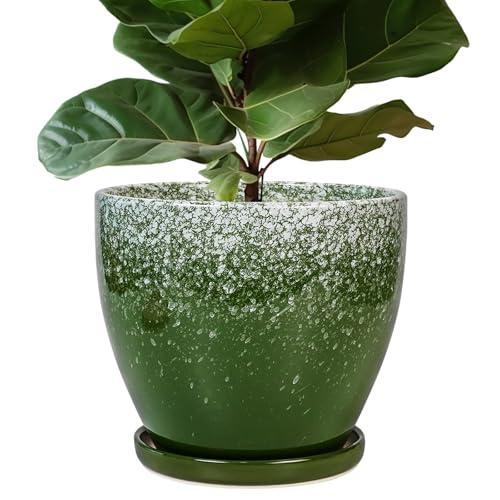 10 Inch Plant Pot - Ceramic Planters for Indoor Plants Outdoor, Large Planter with Drainage Hole and Saucer, Decorative Round Flower Pots, Garden House Decor, Gifts for Plant Lovers, Green