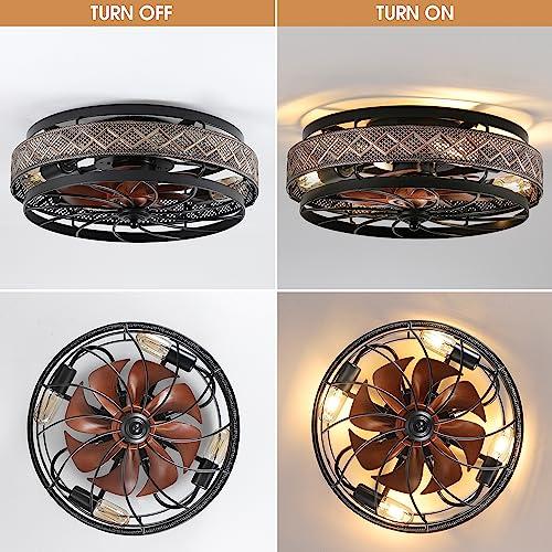 Low Profile Caged Ceiling Fans with Lights and Remote, Flush Mount Ceiling Fan with Light, Bedroom Fan, Small Industrial Black Ceiling Light Fixture, Reversible(Bulbs not Included)