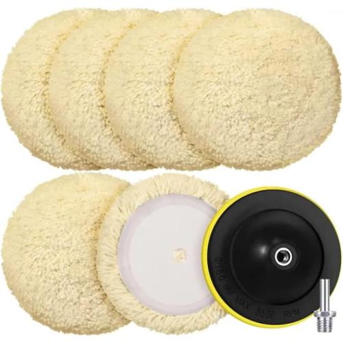 Tallew 4 Pcs 8 Inch Wool Buffing Polishing Pads Hook Loop Cutting Pads with Backing Plate for Car, Boat, Wood, Marble Surface Polishing & Scratch Removal (Original Color)