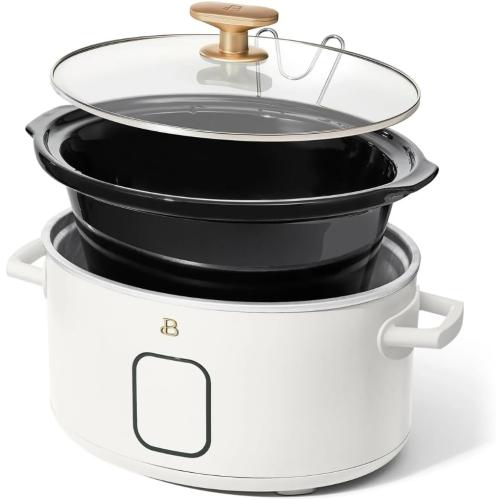 6 Qt Programmable Slow Cooker with Digital Timer, 5 Cooking Functions, Removable Ceramic Pot and Tempered Glass Lid, Dishwasher Safe (White Icing)