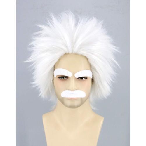 Topcosplay Mad Scientist Wig and Moustache Eyebrows Short White Halloween Costume Cosplay Wigs