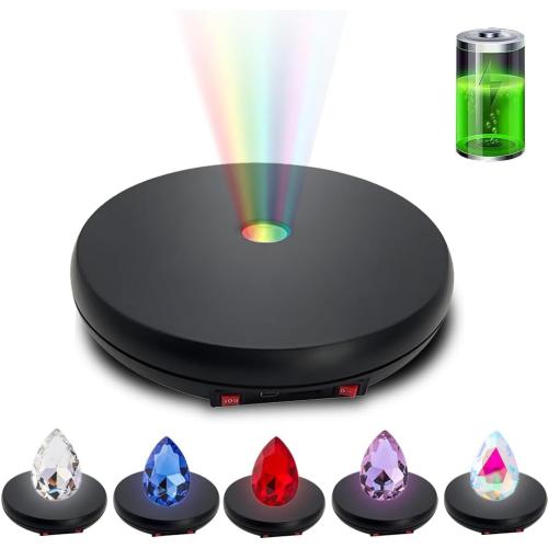 JAYEGT Motorized Rotating Display Stand with LED Light , 10 inch /55lbs Load, 360 Degree Electronic Photography Turntable for Product Show, Jewelry, Crystal Art (Black / 5 Colors LED Light /Rechargeable)
