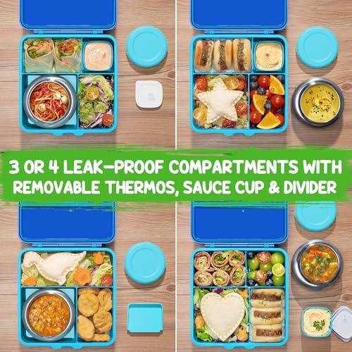 Fimibuke Bento Box for Kids Adult, BPA Free & Leakproof Toddler Lunch Box with 8.5oz Insulated Food Jar, Utensils & Sauce Jar, Dishwasher Safe 3 or 4 Compartment Container for School Girl Boy