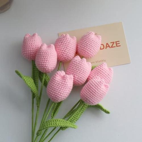 Emivery Crochet Flower Bouquet, 7pcs Knitted Artificial Tulip Flowers Bouquet Pink Handmade Crocheted Finished Fake Flower Tulip for Valentine's Mother's Teacher's Day Gift