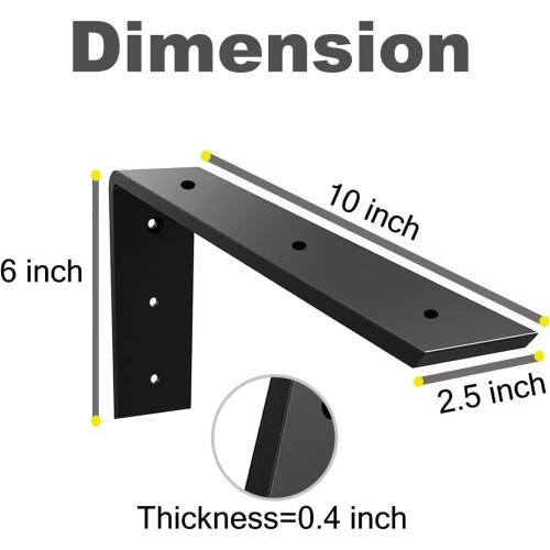 WINKER Countertop Support Bracket 6 Pack Heavy Duty 3/8 Thick Hidden L Shelf Bracket 10 x 6 x 2.5 Metal Corbels for Quartz/Granite/Wood/Concrete/Laminate Countertops, Black