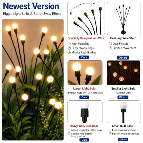 TONULAX Solar Garden Lights - Upgraded Solar Swaying Light, Sway by Wind, Outdoor Lights, Yard Patio Pathway Decoration, High Flexibility Iron Wire & Heavy Bulb Base, Warm White (4 Pack)