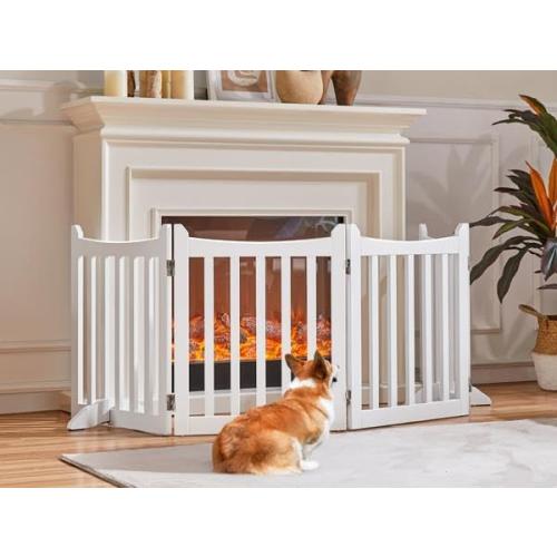 Yaheetech 24 H Freestanding Pet Gate for Dogs Wooden Dog Gates for Hallway, Doorway Collapsible Indoor Pet Fence with Support Feet Stair Barrier 4 Panels Fence White