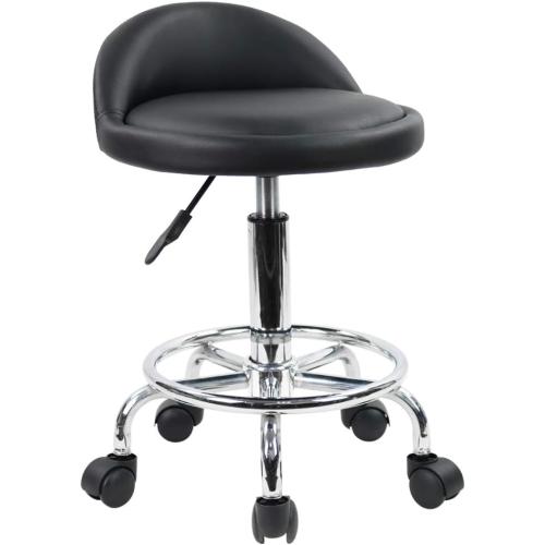 KKTONER PU Leather Round Rolling Stool with Foot Rest Height Adjustable Swivel Drafting Work SPA Task Chair with Wheels (Black)