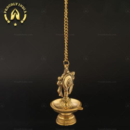 Brass Shangh and Chakra Antique Diya Wall Hanging with 1 Wick Set of 2