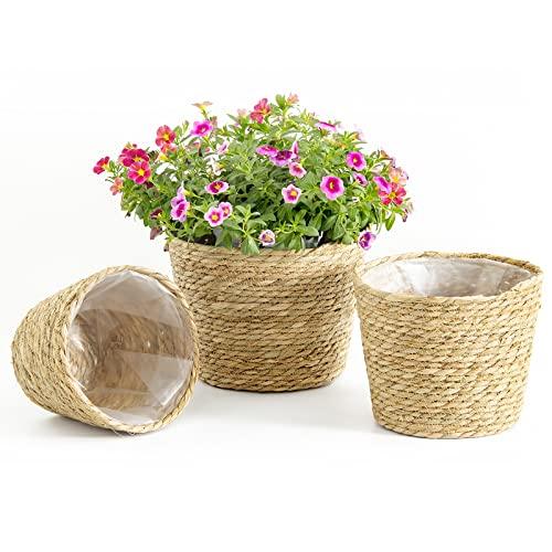 Plant Baskets for Indoor Plants, Seagrass Flower Plant Pots Cover Storage Basket for Organizing,9.8 inch,Brown Set of 3