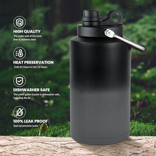 1 Gallon Water Bottle Insulated Stainless Steel Keeps Ice 48Hr, Large Water Gallon Jug Wide Mouth Leakproof Vacuum for Gym, Camping, & Construction Gradient Grey