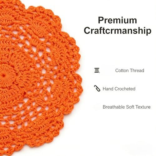 8 Round Crochet Doilies 4Pcs, Cotton Floral Lace Placemats, Handmade Embroidered Coasters for Table Furniture Wedding Decor (Orange)