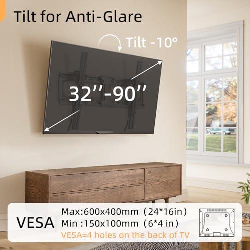 IWORKBORAD 55 65 75 85 inch Tilting TV Wall Mount for 32-90 '' TVs, Low Profile TV Mount Bracket, Safe Lock & Quick Release, Max VESA 600x400mm, 24 inch Studs,132 lbs, Fit Most 55  75  85  86 TVs