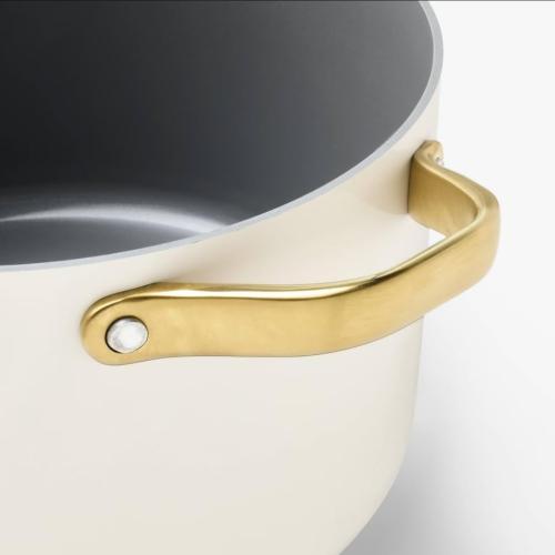 6qt Nonstick Ceramic Stock Pot with Glass Lid, Large Induction Compatible Soup Pot, Oven Safe & Dishwasher Safe, 9.6-Inch Aluminum Dutch Oven with Champagne Gold Handles, Cream