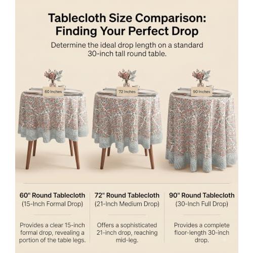 ATOSII Cotton Blockprint Round Tablecloth, Kalina, 90 Inches