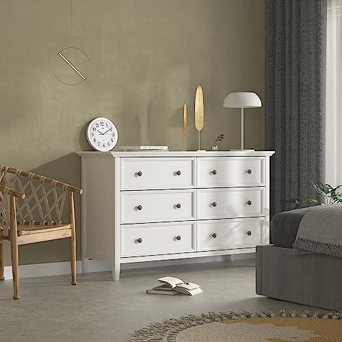 IKENO White 6 Drawer Dresser for Bedroom, Modern Solid Wood Large Storage Cabinet, Simple White Chest of Drawer for Bedroom Living Room Hallway Entryway