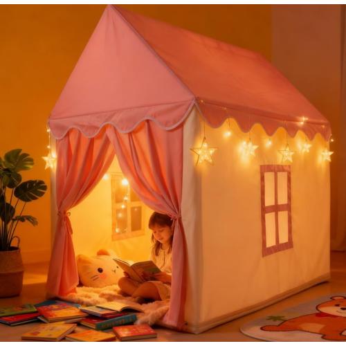 Pink Play Tent House with Curtains — Indoor Princess Playhouse with Soft Fabric Roof & Windows, Stable Frame Structure, Cozy Reading & Play Space for Home Use