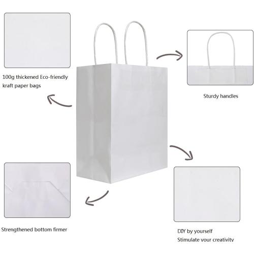 Medium White Kraft Paper Bags with Handles Bulk, Gift Bags, Craft Grocery Shopping Retail Birthday Party Favors Wedding Sacks Restaurant Takeout, Business