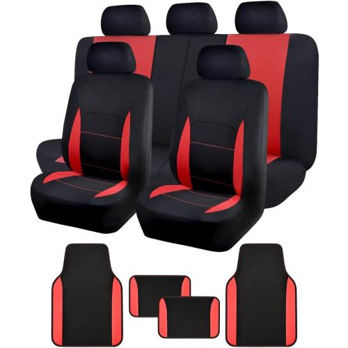 Flying Banner Car Seat Covers Front Seats Rear Bench Polyester car seat Protectors Easy installations Rear Bench Split Classic Man Lady Truck (Full Set - Low Back - Combo Pack, Black Red)