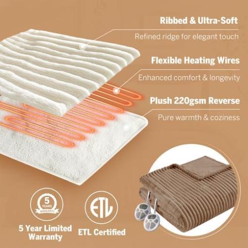 Serta Electric Blanket, Soft, Ribbed, Plush Heating Blanket King for Office, Couch, 1-12 hr Auto Shut Off Timer, 10 Lv Heating, ETL Certified, King 100x90 Chestnut Brown