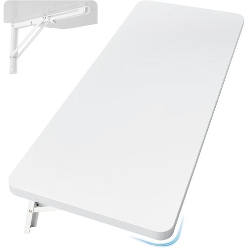 White Wall Mounted Folding Table 39.4”L x 19.7”W, Laundry Folding Table with Heavy Duty Metal Collapsible Shelf Brackets, Wall Mounted Desk Fold Down for Small Spaces, White