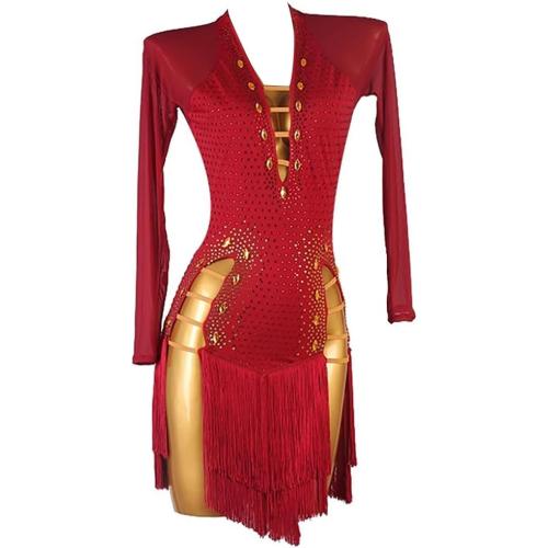 Size M Fringe Latin Dance Dresses for Women Competition Cha Cha Tango Costume Long Sleeve Ballroom Performance Dancewear