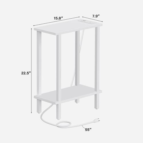 TUTOTAK Small End Table with Charging Station, Narrow Side Table with USB Ports and Outlets, Skinny Sofa Table, Slim Nightstand, Living Room, Bed Room, White TB01BW060