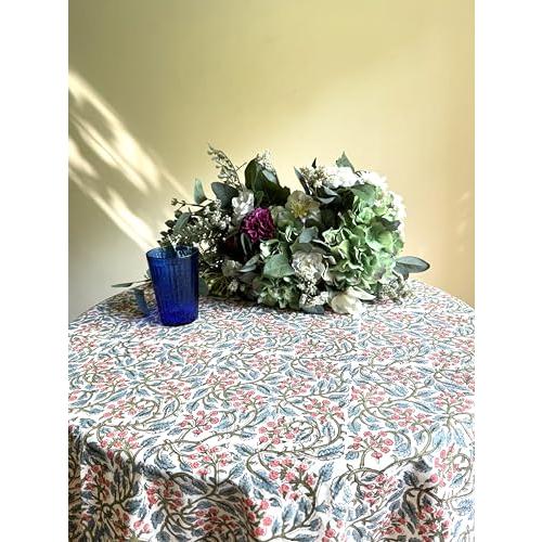 ATOSII Cotton Blockprint Round Tablecloth, Kalina, 90 Inches