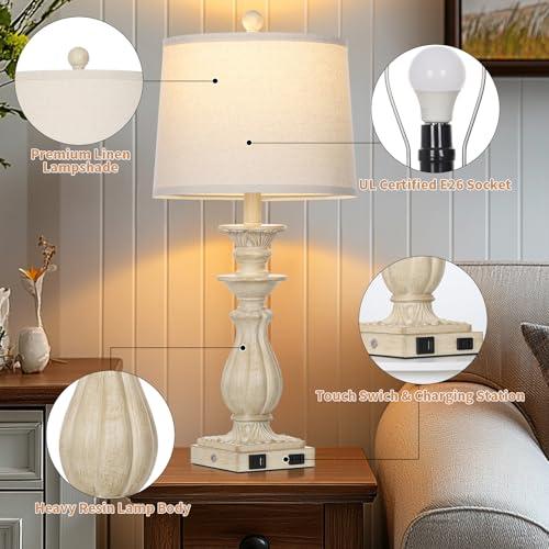 28 Farmhouse Table Lamps Set of 2 for Living Room, 3 Way Dimmable Bedside Lamp with USB C A Ports & AC Outlet, Resin Vintage Tall Nightstand Lamps for Bedroom Office Hallway, Beige
