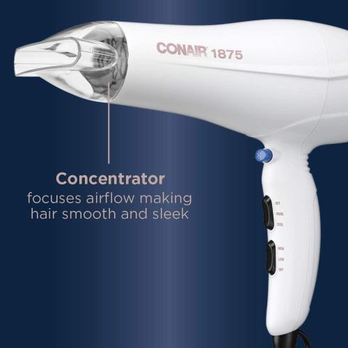Conair Double Ceramic 1875W Hair Dryer, 3 Heat/ 2 Speed Blow Dryer, Powerful and Fast Drying, Includes Concentrator, Cool Shot Button, Removable Filter, White, Travel hair dryer