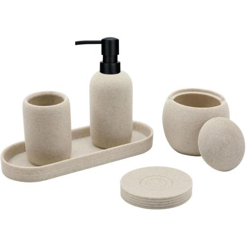 Beige Resin Bathroom Accessory Set, 5 Pcs Bathroom Accessories Set with Lotion Dispenser,Soap Dish,Toothbrush Holder,Vanity Tray,Qtip Holder Dispenser, Modern Bathroom Decor and Housewarming Gift Set