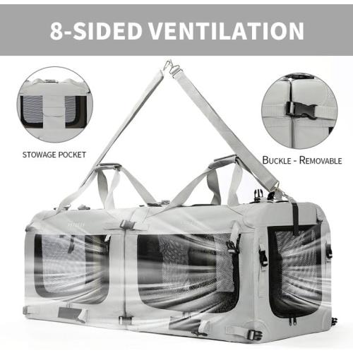 Size Extra Large Color Grey Cat Carrier Soft Sided, Portable Small Dog Carrier for 2 Cats, 24x16.5x16 Car Travel Folding Comfortable Design with Litter Box and Bowls, Grey-2  Litter Box  Bowl*2
