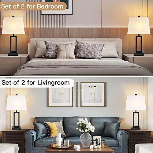 2pk 23.5 Touch Control Table Lamps  Bedside Lamp with 2 USB Ports & AC Outlet, 3-Way Dimmable Nightstand Lamp with White Linen Shade for Living Room Bedroom End Table Office(2 LED Bulb Included)