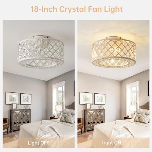 18 Inch Caged Ceiling Fans with Lights, Low Profile Ceiling Fan and Remote/APP Control Fandelier Crystal Fan Light for Bedroom Living Room Dining Room Kitchen Indoor, Including Bulb (Rustic White)